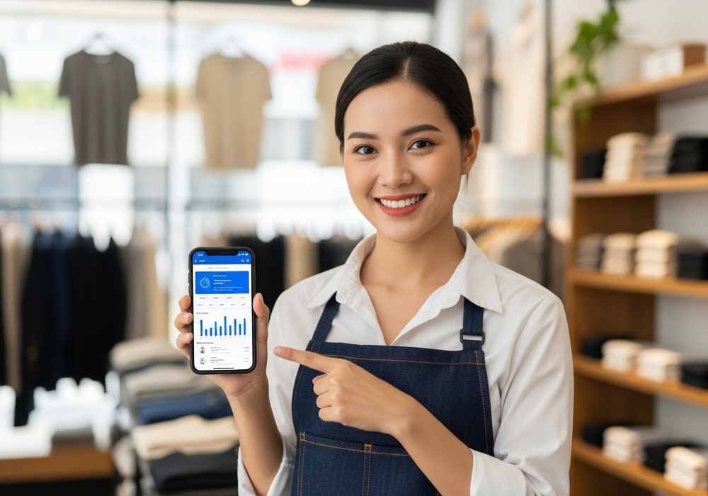 Chủ shop dùng Mepo trên điện thoại — bán hàng đa thiết bị